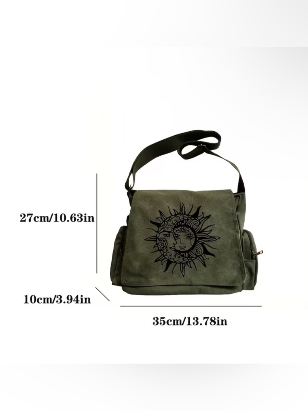 Olive Green Canvas Messenger Bag with Sun & Moon Graphic - Picture 3 of 3
